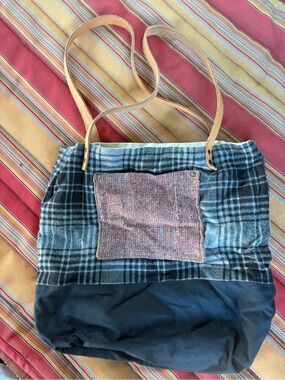 Plaid Tote with Pink Front Pocket and Leather Straps